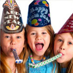 three girls wearing New Year's Eve party hats